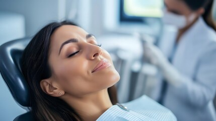 A female patient is comfortably relaxing in a dental chair while undergoing a procedure at a contemporary clinic in the afternoon