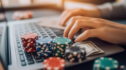 Fototapeta premium Poker player engaged in online gaming while typing on a laptop with chips and cash arranged on the table in a casual setting
