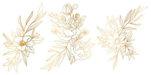 Gold floral background vector. Golden gradient Roses and peonies flower line art wallpaper design for prints, cover, wall arts, greeting card, wedding cards, invitation. © Madeby Faremerman