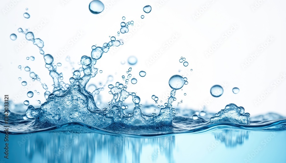 Poster clear blue water splash with bubbles. freshness concept, drink commercial. clean water explosion wit