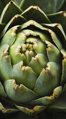 Macro shot of a fresh green artichoke, highlighting its layered leaves and natural texture. Perfect for healthy eating, organic food, and Mediterranean cuisine themes.  
