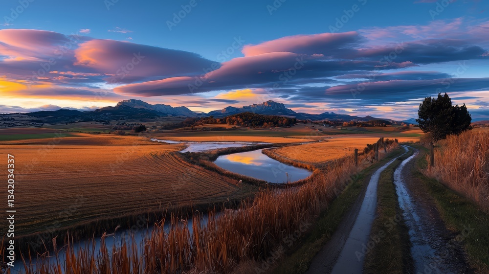 Poster beautiful landscape with a river and mountains in the background. the sky is filled with clouds and 