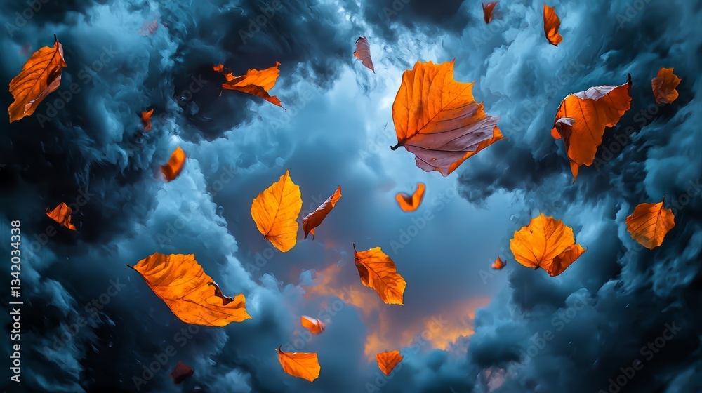 Poster beautiful image of orange leaves falling from the sky on a cloudy day. the leaves are scattered all 