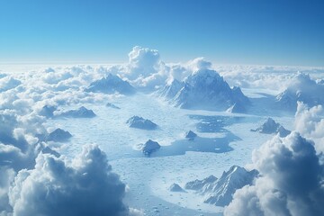 Fototapeta premium Aerial view of ice mountains poking through clouds bathed in clear blue sky above