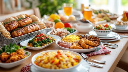 Fototapeta premium Halal food religion faith connection. A vibrant spread of delicious dishes on a beautifully arranged dining table.