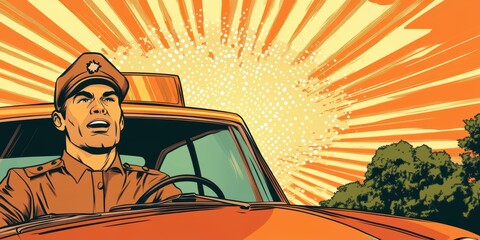 Obraz premium Dynamic cartoonish pop art scene featuring a bold character in a vibrant comic style driving an orange vehicle against a radiant sunburst backdrop