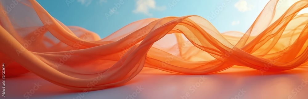Poster delicate orange fabric floats gently against sky. sheer textile waves in breeze, creating soft, eleg