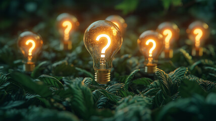 Light bulbs with question marks symbolize problem solving amid green foliage