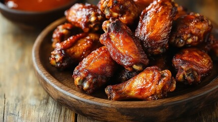 A wooden plate piled high with glossy, barbecue-glazed chicken wings, served with a side of tangy sauce