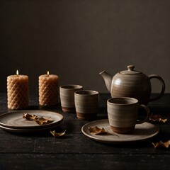Fototapeta premium Handcrafted Ceramic Tableware with Rustic Aesthetic and Soft Natural Lighting