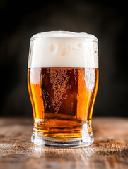 Refreshing cold beer served in a glass on a wooden table with froth and bubbles visible