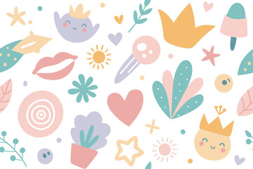 Charming Pastel Seamless Pattern with Crowns, Hearts, and Plants for Kids' Decor and Backgrounds