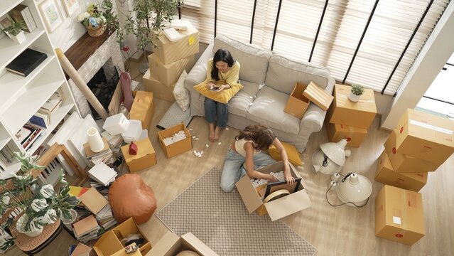 Top down view of friend unpacking box while roommate playing smart phone on sofa. Attractive woman checking furniture at package and preparing for moving while the other using social media. Myrmidon.