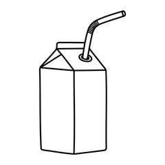 Juice box with straw vector illustration. Hand-drawn drink carton for beverages in doodle style. Black line art isolated on white background.