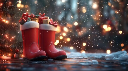 Christmas scene with red boots filled with gifts and treats, set against a festive background with twinkling lights and falling snow, perfect for holiday cards, St. Nicholas Day celebrations