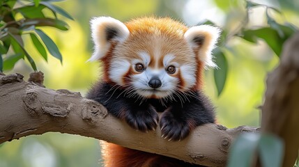 Fototapeta premium Red panda resting on a tree branch in a lush, green forest environment during a sunny day, showcasing its playful nature and vibrant fur colors