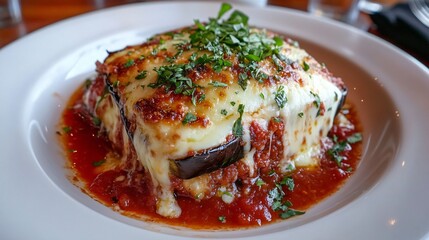 Baked eggplant parmesan layered with mozzarella, rich tomato sauce, and fresh herbs, served on an elegant white dish