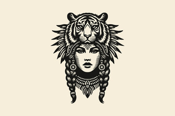 Obraz premium Engraved woman with tiger headdress, tribal jewelry, and braids