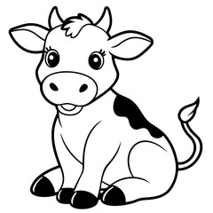 Cute Cartoon Cow Sitting Black and White Outline, Farm Animal for Coloring Books and Children's Activities