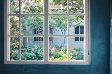 Tranquil garden view through a white framed window