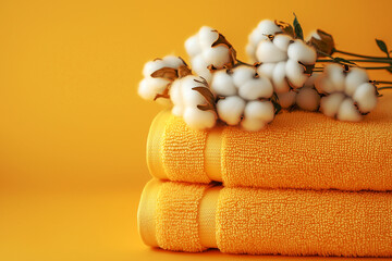 Two folded yellow towels with a cotton branch on them on a yellow background. Demonstration of perfect cleanliness and care for linen. Natural and ecological fabrics.