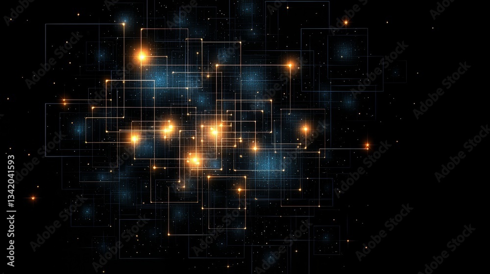 Wall mural black and orange background with many small squares and lines. the squares and lines are lit up with