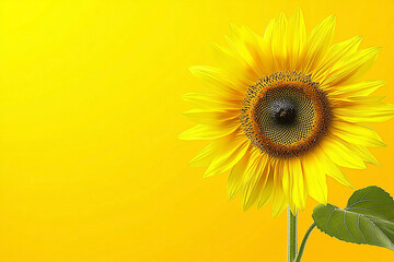 Obraz premium Vibrant sunflower against a bright yellow background, symbolizing summer and positivity