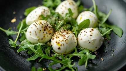 Fresh mozzarella balls resting on a bed of arugula, drizzled with truffle oil and sprinkled with edible gold flakes, on a luxurious black ceramic plate