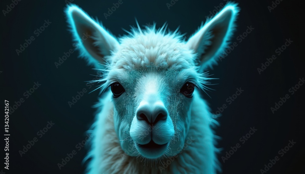 Poster portrait of a llama face with digital circuit skin texture on a dark background. glowing neon blue l