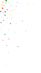 Heart confetti valentine overlay. Rainbow colored scattered hearts. LGBT valentine card. Joyfull heart confetti vector illustration