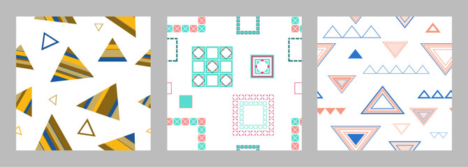 Seamless pattern of geometric shapes. Bright seamless pattern. Set of 3 patterns. Design for fabric, wallpaper, wrapping paper. Vector