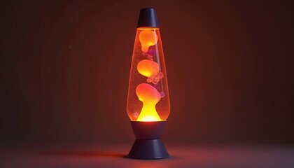 Isolated lava lamp with orange bubbles floats in clear liquid on dark brown gradient background. Transparent bottle with yellow light. Retro design, vintage decor. Modern 70s style.