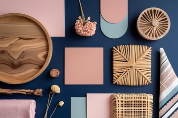 Sophisticated navy and blush color scheme with geometric tiles, woven rattan, and natural wood textures. 
