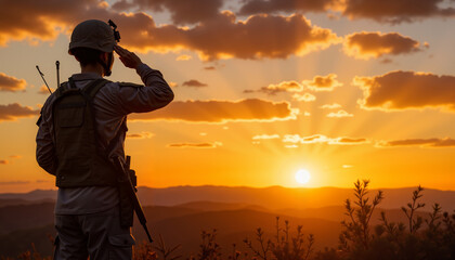 Saluting soldier silhouette at sunset, honoring service and sacrifice