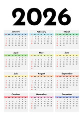 Calendar for 2026 isolated on a white background