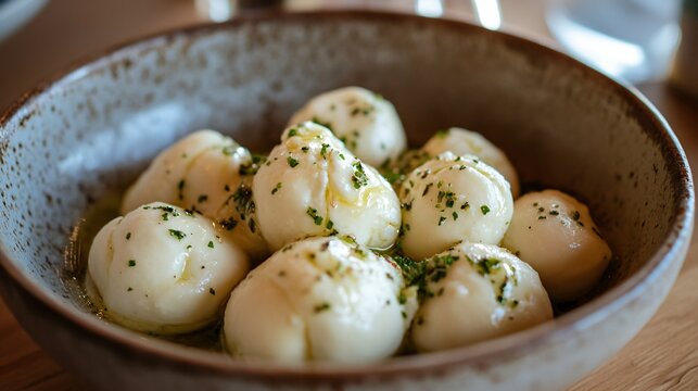 Hand-rolled mozzarella knots served with roasted garlic and herb-infused butter on a rustic ceramic dish