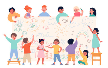 Fototapeta premium Young artists collaborative creativity. Children art project, kids draw together on large paper sheet, cute creators, boys and girls cartoon flat style isolated classy vector concept