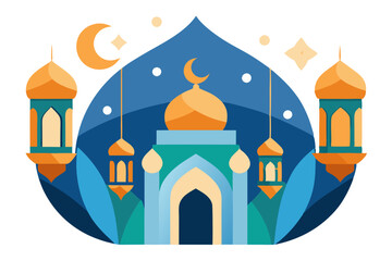 Eid Mubarak Mosque Crescent Moon and Lanterns Art for Islamic Celebrations Card Background