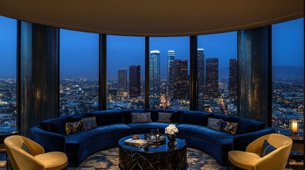 Fototapeta premium Luxury LA penthouse lounge at night with city view
