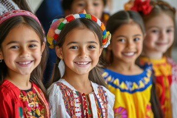 Fototapeta premium Children in traditional dress smiling at a cultural celebration in a bright indoor setting