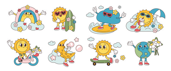 Fototapeta premium Retro weather characters. Funny groovy mascots with smiling faces, feet and hands, suns, cloud and rainbow, earth and moon, stickers collection, cartoon flat isolated garish vector set
