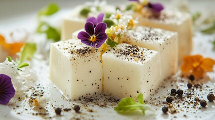 Perfectly cubed mozzarella presented in an artistic geometric formation, garnished with edible flowers and crushed black pepper