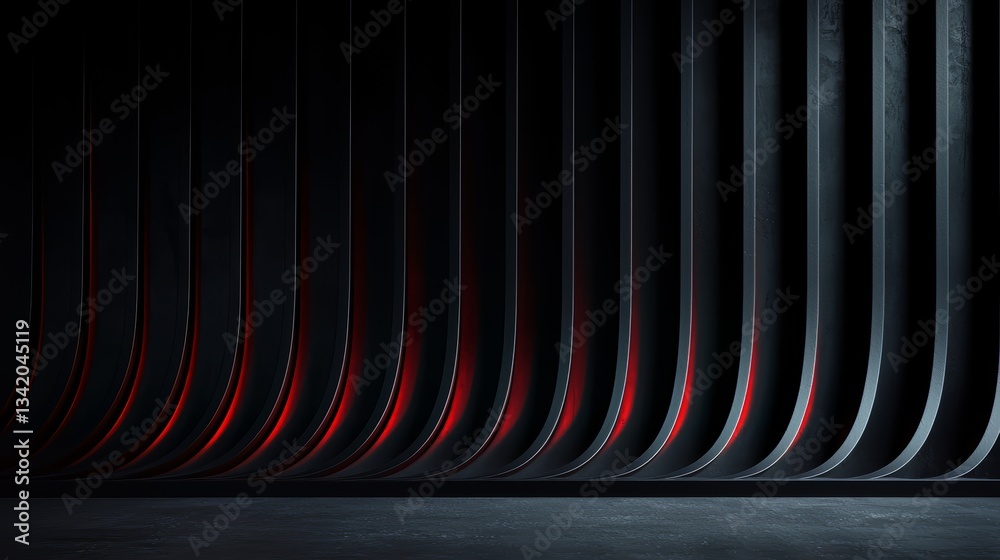 Poster wall with black and red stripes, with a red stripe in the middle. the stripes are bold and striking,