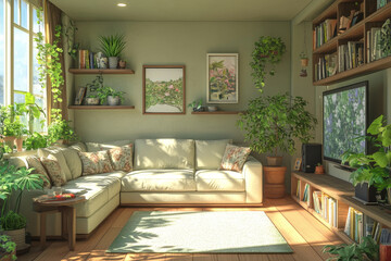 Fototapeta premium a cozy living room filled with plants, featuring a comfortable sofa, bookshelf, and a television. The room has a warm, inviting atmosphere