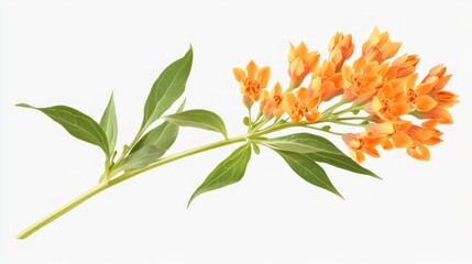Orange flowers, stem, leaves, isolated, white background, botanical illustration, design element