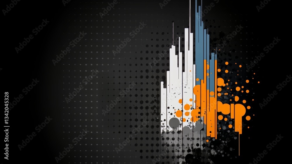 Poster black and white abstract painting with splatters of orange and white. the painting is full of dots a
