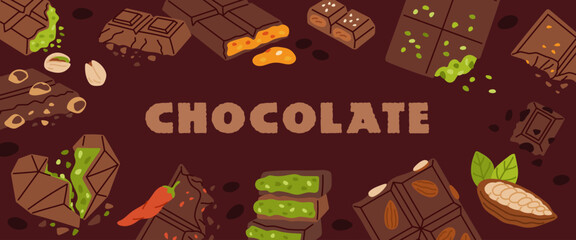 Frame design with cocoa elements. Dubai chocolate, pistachio filling, raw beans, chili pepper, sweet delicious bars with nuts, banner design background, cartoon isolated garish vector concept
