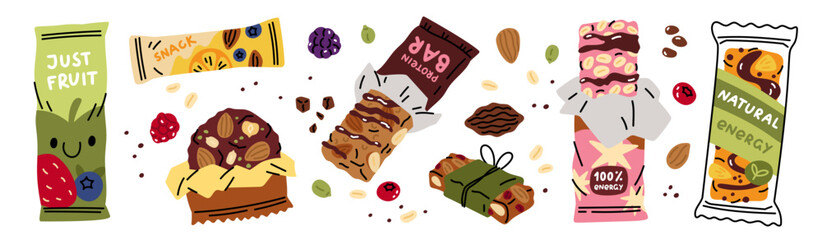 Fitness granola bars. Healthy grain snacks with dry fruits, seed, nuts and chocolate, sweet muesli mix, sport energy food, protein dessert cartoon flat style isolated garish vector set