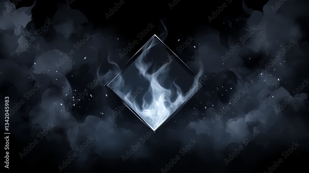 Aufkleber Black and white image of a cube with flames on it. The flames are surrounded by smoke and the image has a dark and moody atmosphere