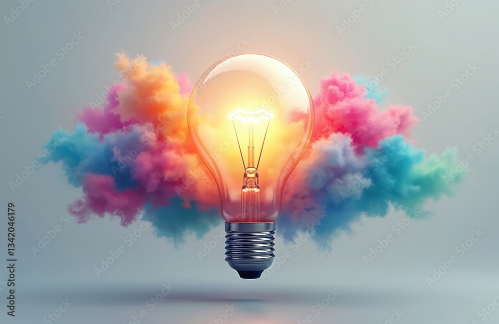 Poster Creative tech concept light bulb in colorful cloud. Abstract brainstorm of computing, connecting, idea generation in cyberspace network. Modern business solutions, innovative communication, digital
